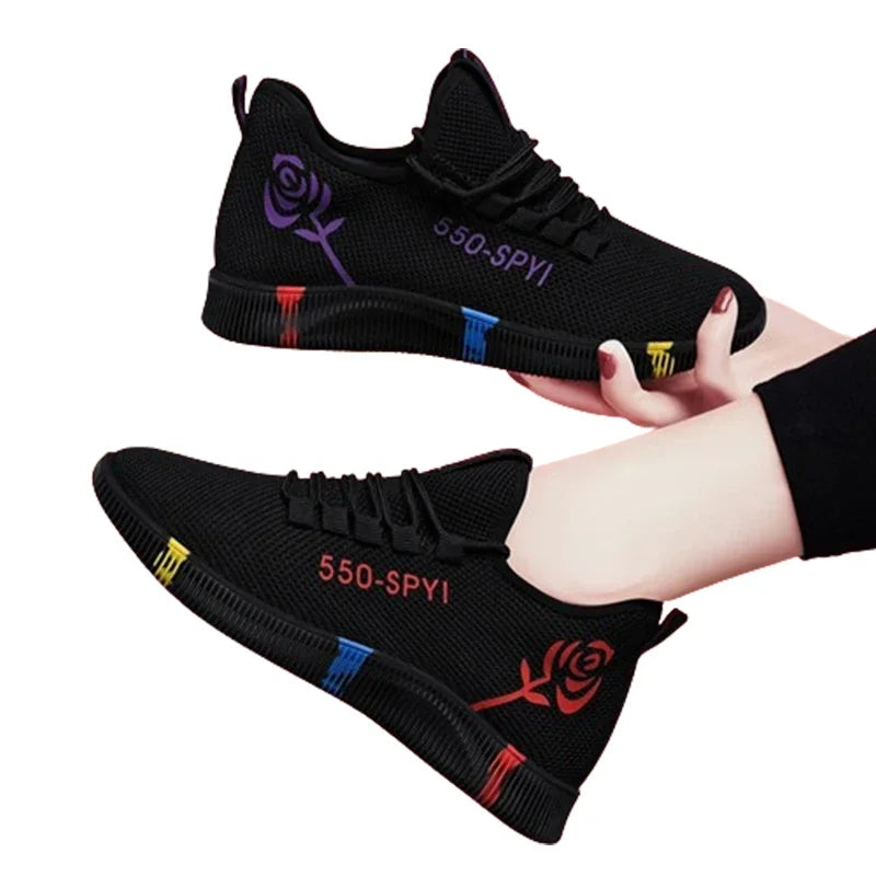 Tênis Feminino 2024 Sapatos Vulcanizados com Mesh de Ar Leves Soft Sneakers Flats Femininas com Plataforma e Cadarço Sapatos Casuais Basket Femme