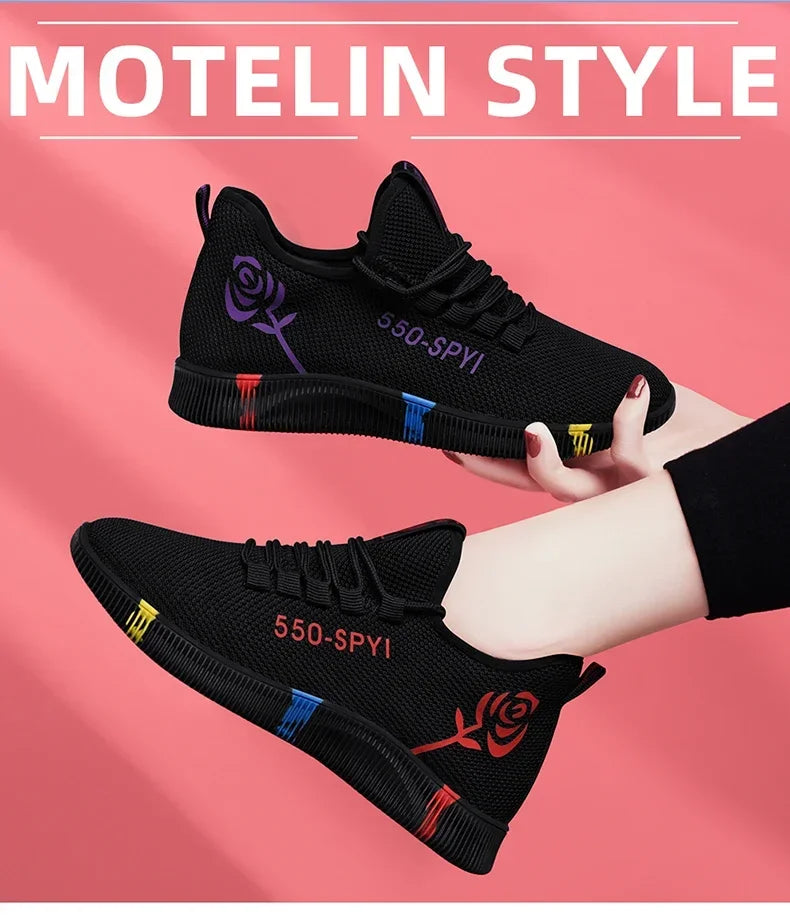 Tênis Feminino 2024 Sapatos Vulcanizados com Mesh de Ar Leves Soft Sneakers Flats Femininas com Plataforma e Cadarço Sapatos Casuais Basket Femme