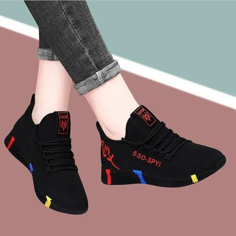 Tênis Feminino 2024 Sapatos Vulcanizados com Mesh de Ar Leves Soft Sneakers Flats Femininas com Plataforma e Cadarço Sapatos Casuais Basket Femme