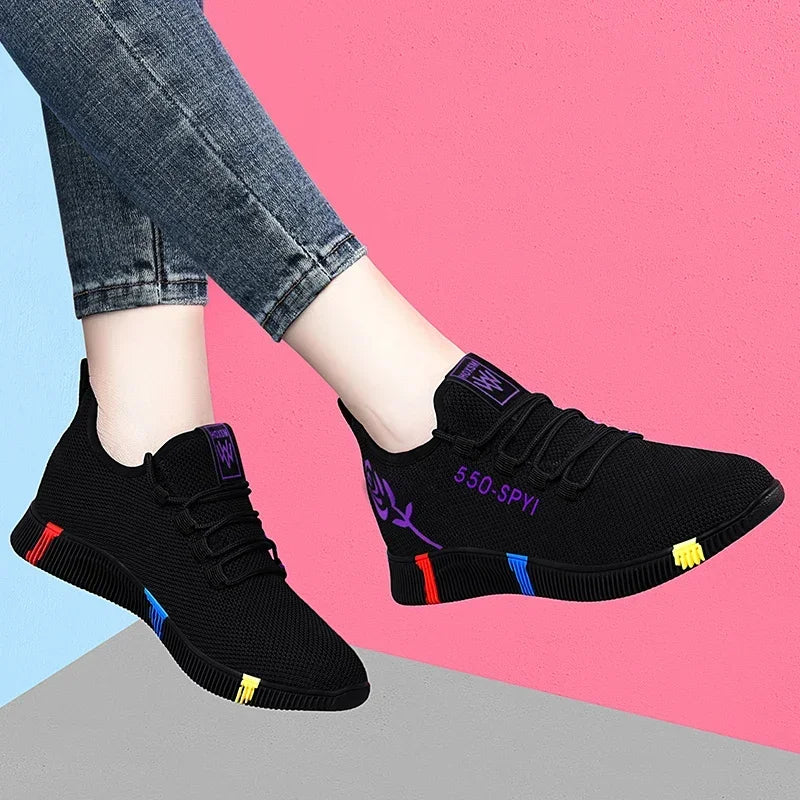 Tênis Feminino 2024 Sapatos Vulcanizados com Mesh de Ar Leves Soft Sneakers Flats Femininas com Plataforma e Cadarço Sapatos Casuais Basket Femme